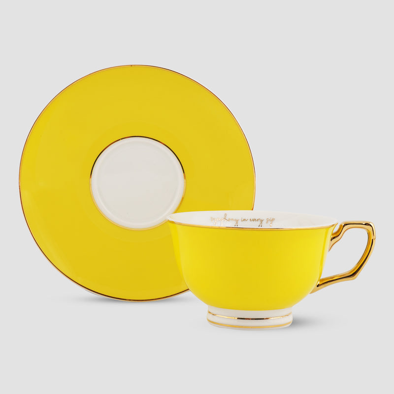 Set Of 4, Sunshine Yellow & Sweet Lilac Teacup & Saucer Set, Fine Porcelain