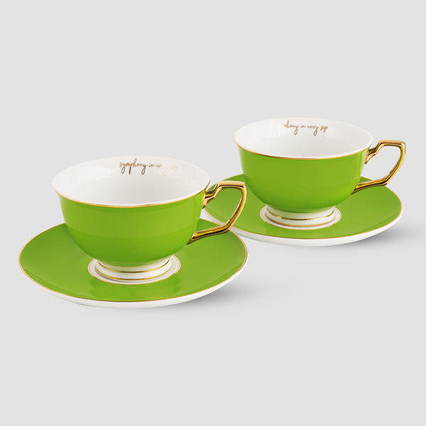 Set of 2, Classic Parrot Green Teacup & Saucer Set, Fine Porcelain
