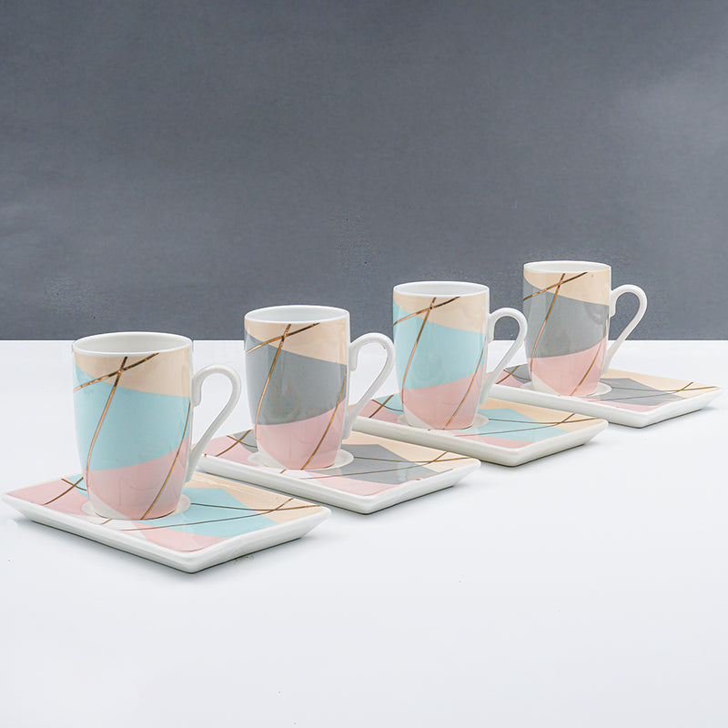 Set of 4, Geometric Bone China Pastel Mini Cup & Saucer Set (100 ml)