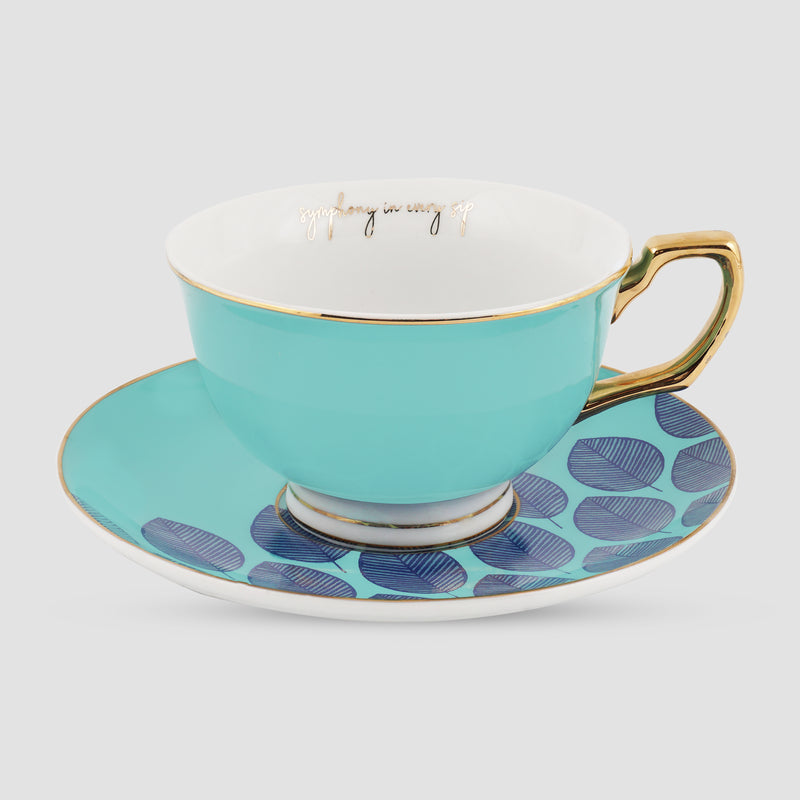 Limited Edition Turquoise Indian Motif, Fine Porcelain Cups and Saucers Set