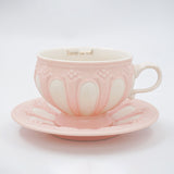 Decorative vintage porcelain pink tea pot with 4 cups & saucers