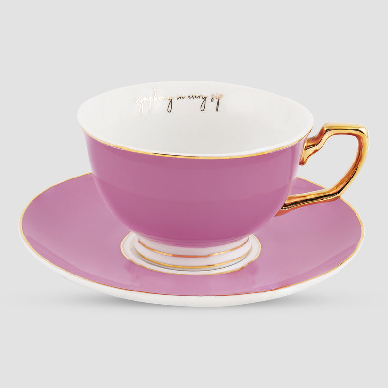 Set Of 2, Sunshine Yellow & Sweet Lilac Teacup & Saucer Set, Fine Porcelain