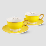 Set Of 4, Sunshine Yellow & Sweet Lilac Teacup & Saucer Set, Fine Porcelain