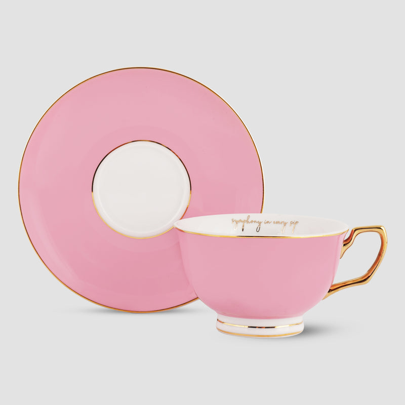 Set Of 2, Classic Powder Blue & Flamingo Pink Teacup & Saucer Set, Fine Porcelain