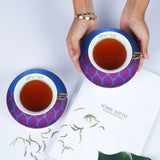 Limited Edition Royal Blue Indian Motif, New Fine Porcelain Cups and Saucers Set