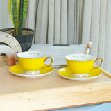 Set of 2, Sunshine Yellow Teacup & Saucer Set, Fine Porcelain