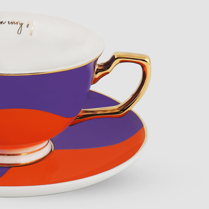 Limited Edition Bossa Nova Blue and Orange Fine Porcelain Cups and Saucers Set