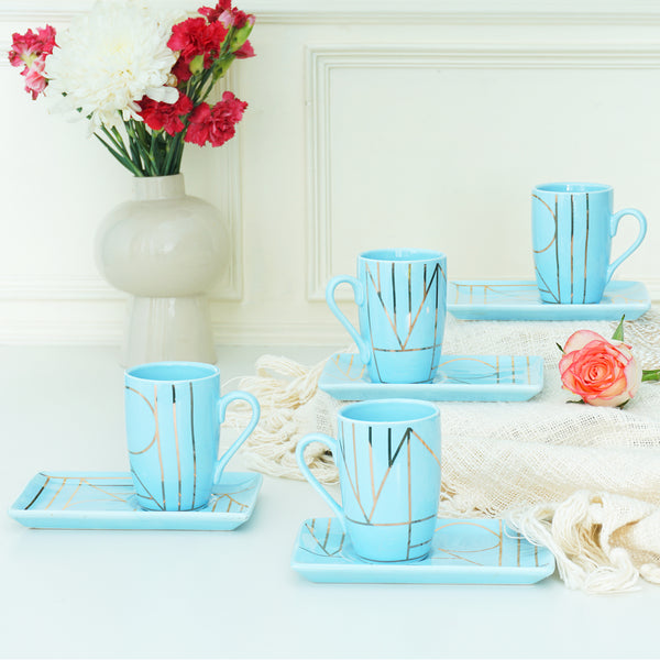 Set of 4, Pastel Pattern Bone China Mini Cup & Saucer Set (All Blue) 100 ml