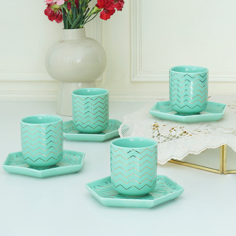 Set Of 4, All Green Bone China Mini Cup And Saucer Set, (80 Ml)