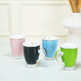 Set of 4, Classic Blue, Pink, Black & Parrot Green Mugs, New Bone China