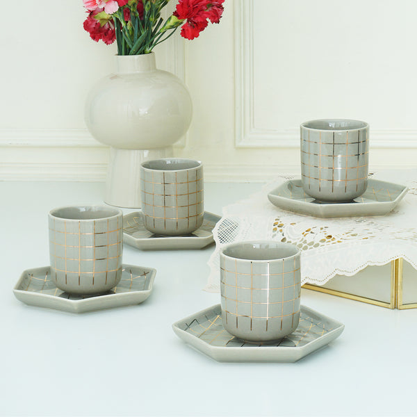 Set Of 4, All Grey Bone China Mini Cup And Saucer Set, (80 Ml)