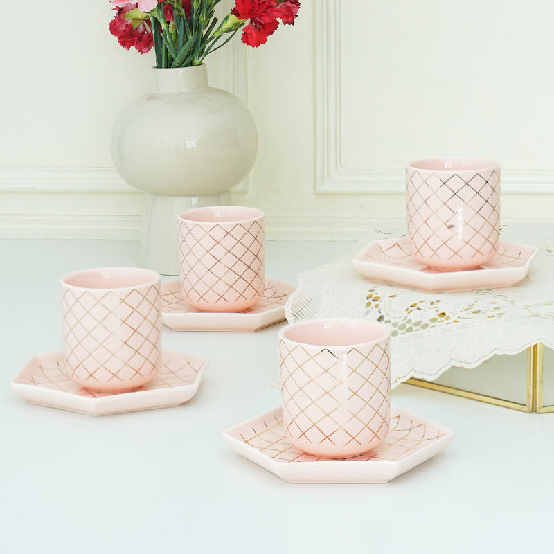 Set Of 4, All Pink Bone China Mini Cup And Saucer Set, (80 Ml)