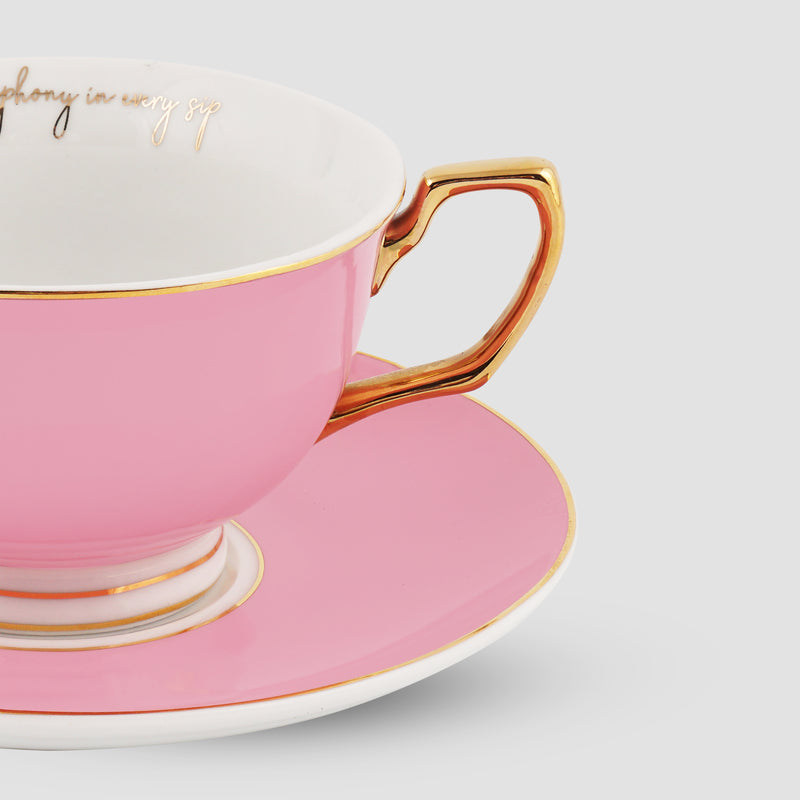 Set of 2, Flamingo Pink Teacup & Saucer Set, Fine Porcelain