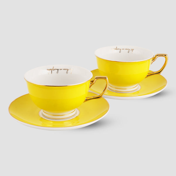 Set of 2, Sunshine Yellow Teacup & Saucer Set, Fine Porcelain