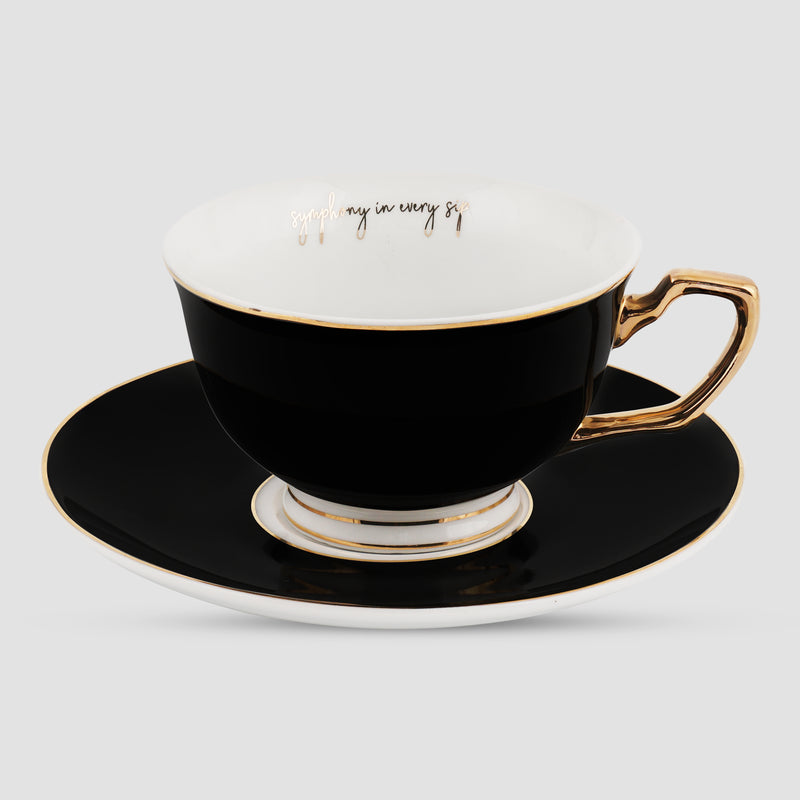 Set of 2, Timeless Ebony Teacup & Saucer, Fine Porcelain