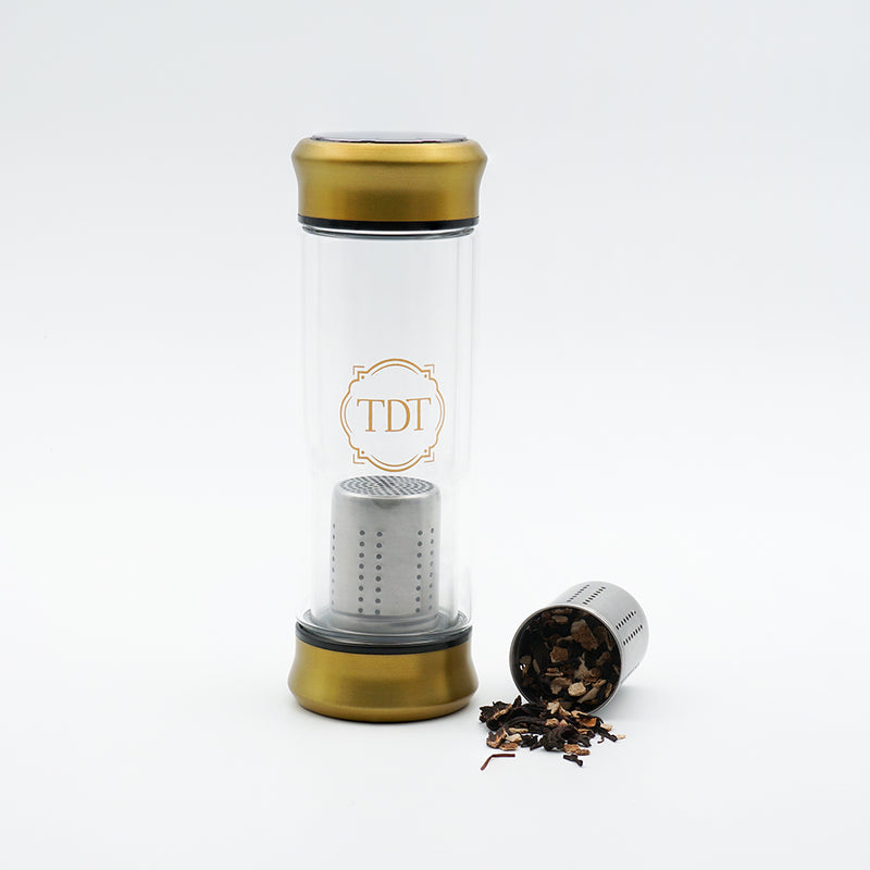 Double Walled Borosilicate Golden Cap Glass Tea Infuser, 300ml.