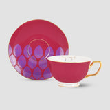 Limited Edition Magenta Indian Motif, Fine Porcelain Cups and Saucers Set