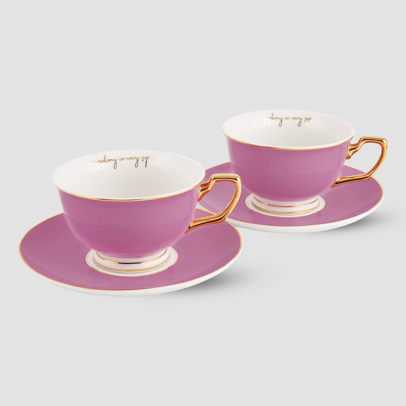 Set of 2, Sweet Lilac Teacup & Saucer Set, Fine Porcelain