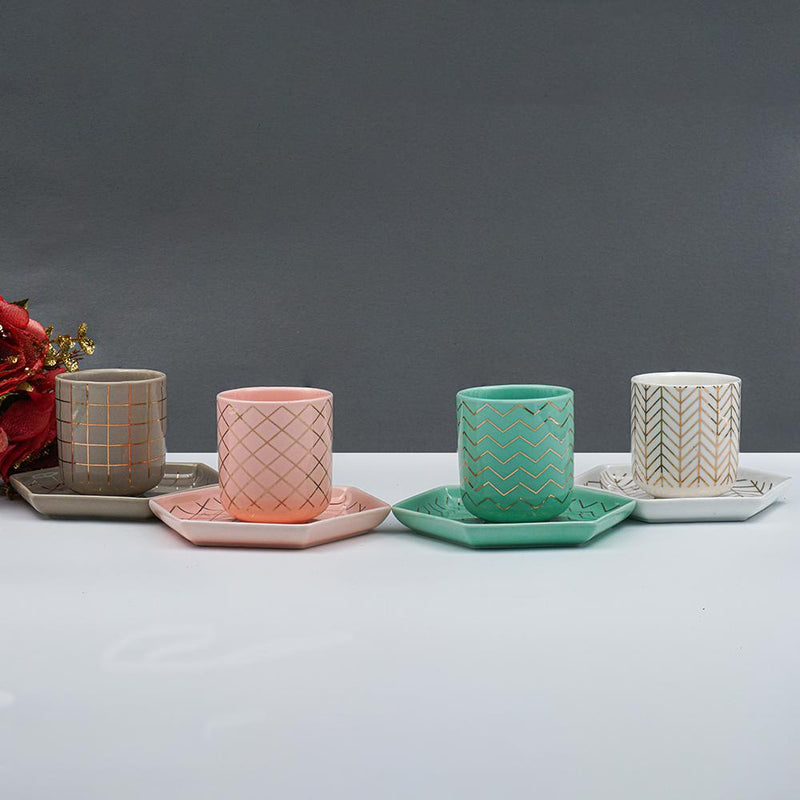 Set of 4, Assorted Bone China Mini Cup and Saucer Set, Pink, Green, White & Grey (80 ml)