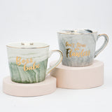 Set of 2, Green & Grey Marble Finish Bone China Tea & Coffee Mugs (300ml each)