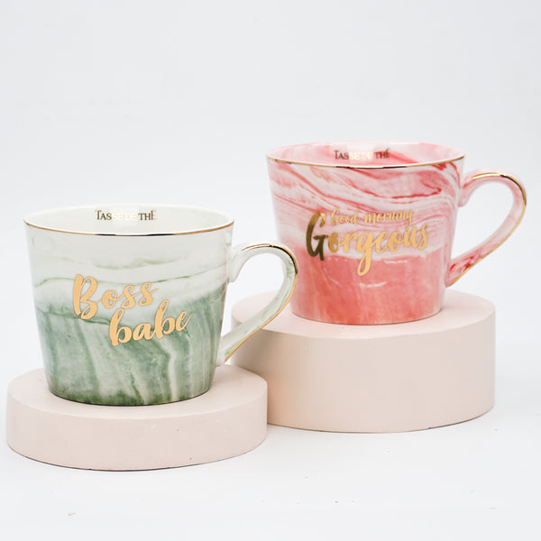 Set of 2, Green & Pink Marble Finish Bone China Tea & Coffee Mugs (300ml each)