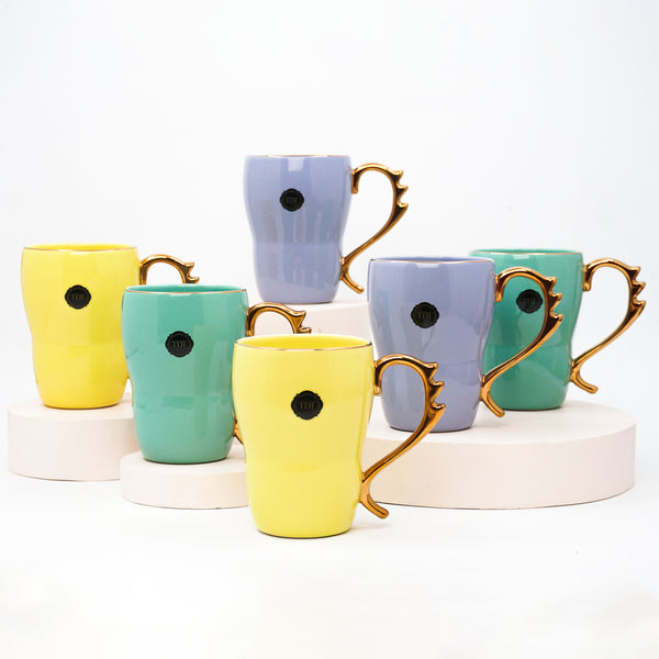 Set Of 6 Glamorous Purple, Green, Yellow Mugs