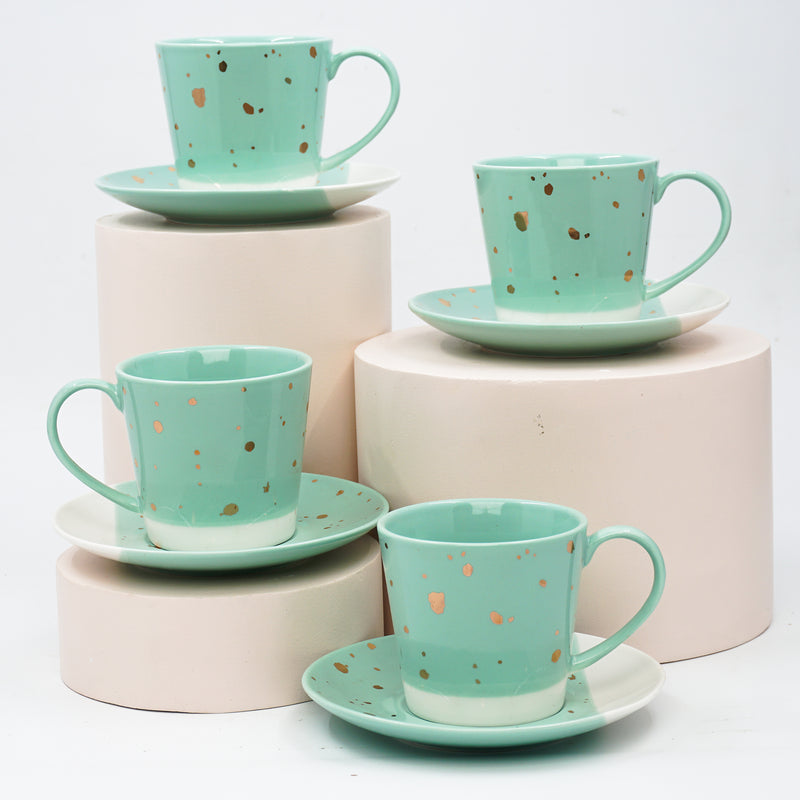 The Spotless All Green Bone China Cup & Saucer, Set of 4