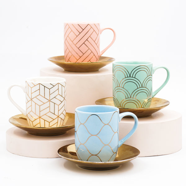 Set of 4, Geometric Pattern Mini Cup with Golden Saucer Set (100 ml)