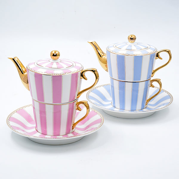 Set of 2, Pink and Blue Tea-For-One Tea Set