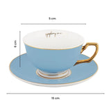 Set of 2, Classic Powder Blue Teacup & Saucer Set, Fine Porcelain