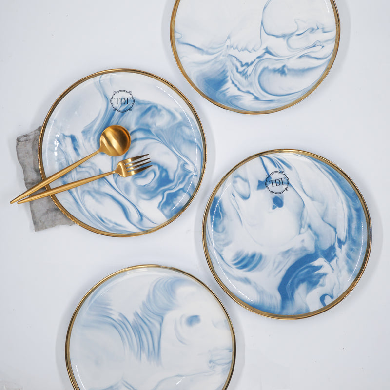 10.5 Inch Marble Effect Porcelain Dinner Plate – Blue, Set of 4
