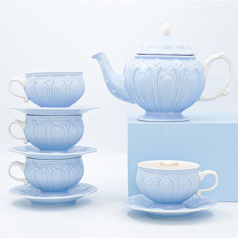 Japanese Design White Cherry Blossom Ceramic Tea Pot and Cups Set